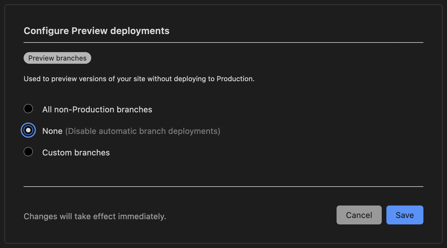 Screenshot: Disable Cloudflare Preview deployments