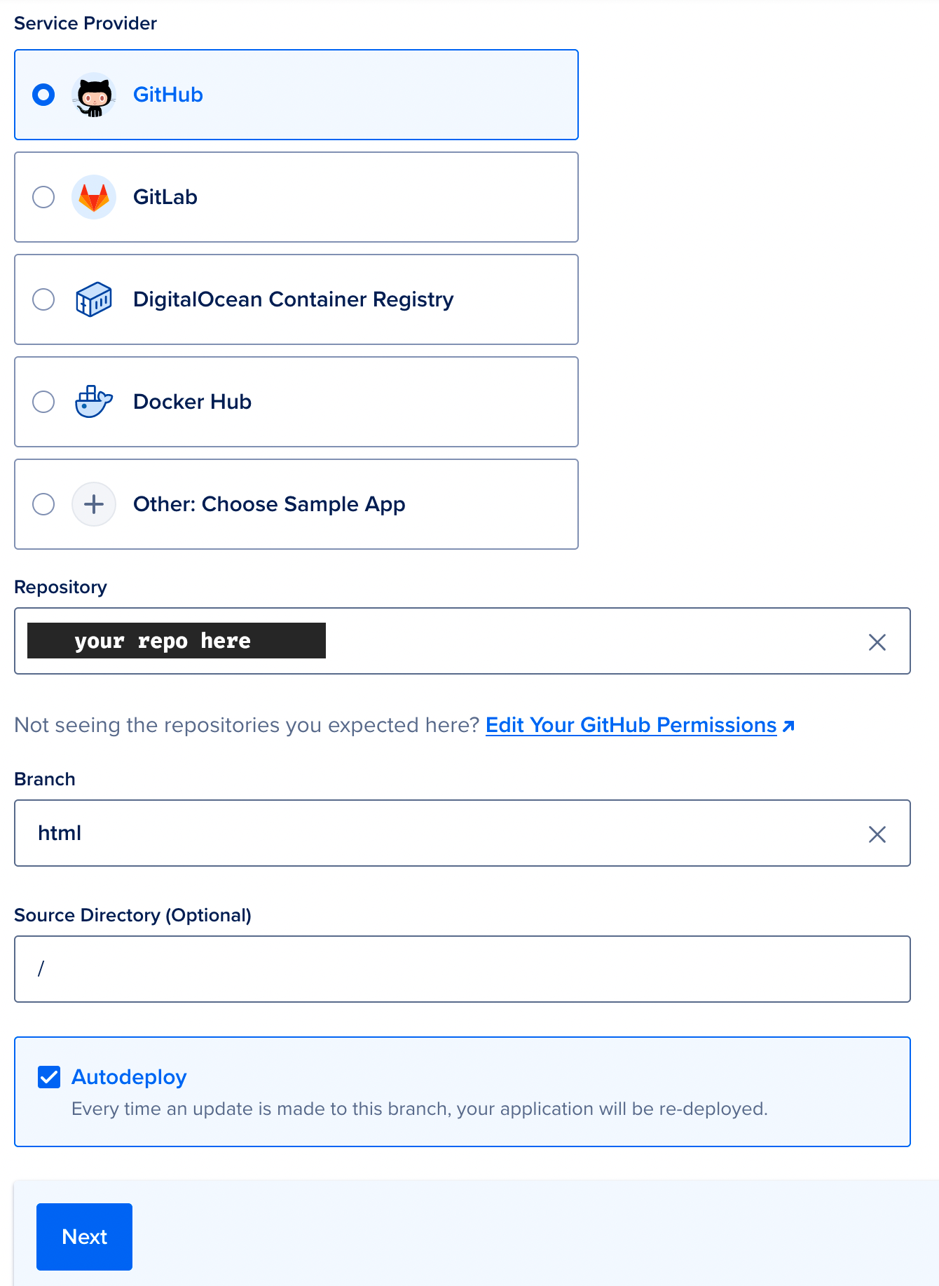 Screenshot: DigitalOcean Deploy Settings